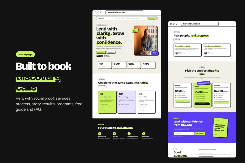 Example landing page design for a coach