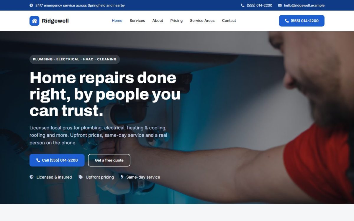 Ridgewell website design, home page